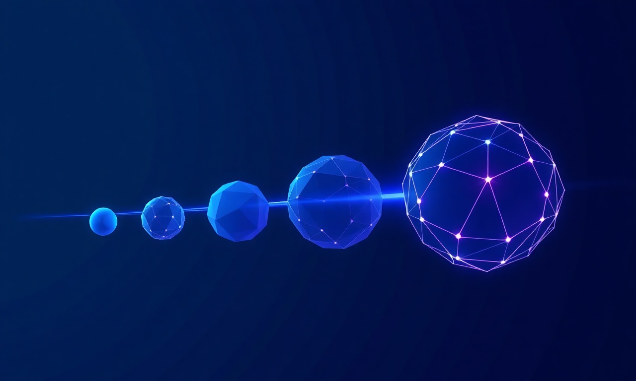 A chain of glowing geometric forms growing from small and simple on the left to large and complex on the right, all connected by a bright energy line — the version chain
