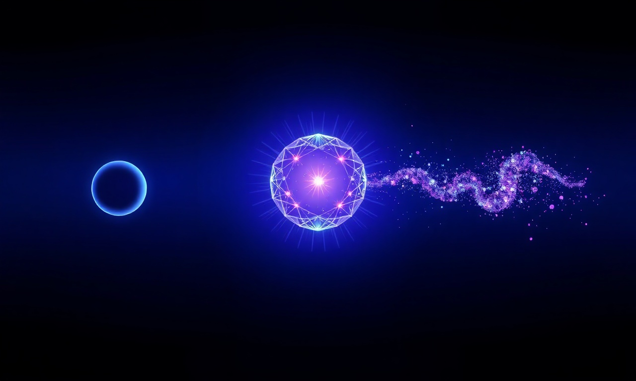 Three phases of a being's lifecycle: an empty dim socket on the left, a brilliant active being-form in the center, and a trail of dissolving particles drifting away on the right