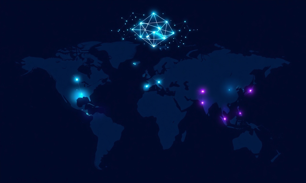 A distributed mesh of glowing nodes across continents, with a single being floating above, spread across many of them at once